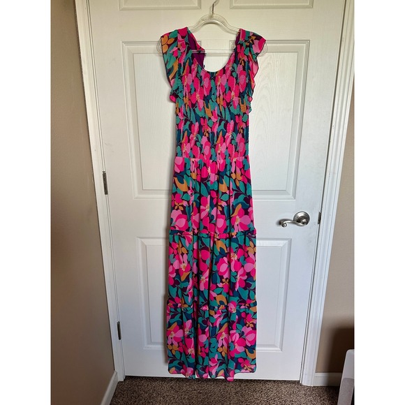 MELLODAY Floral Maxi Dress Smocked Ruffle Sleeves Pink Green Spring Summer - Picture 1 of 3
